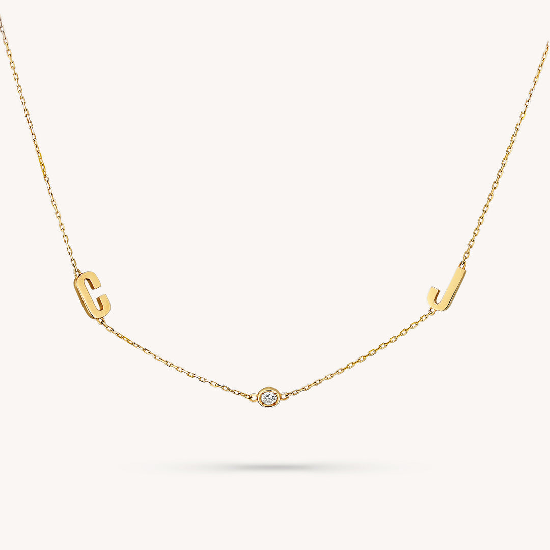 14K Solid Gold Diamond Initial Necklace with Bezel-Set Pendant