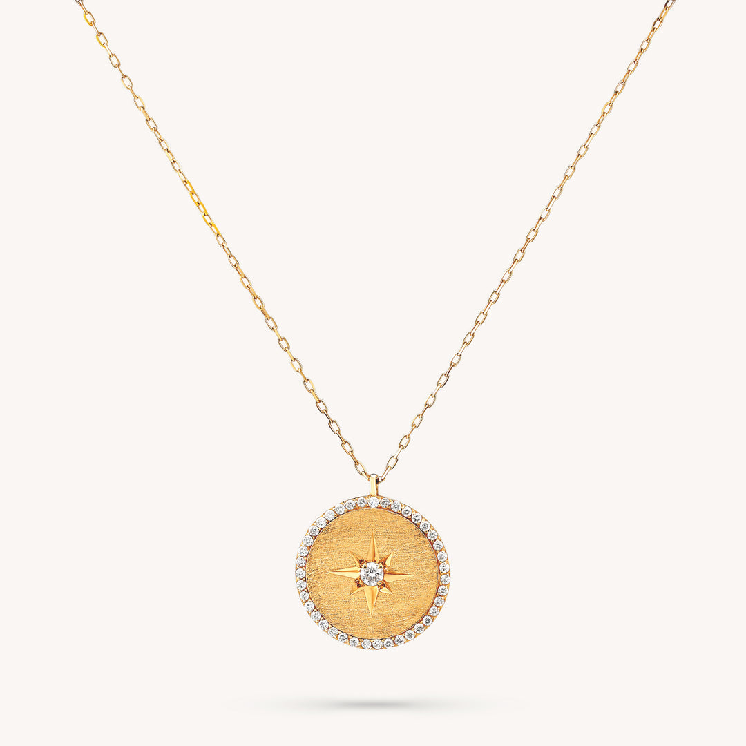 Polaris Diamond Pendant Necklace – 14K Gold Star Disc Charm for Layering