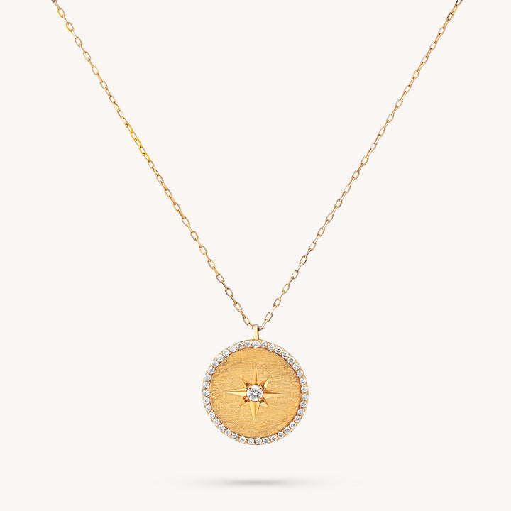 Polaris Diamond Pendant Necklace – 14K Gold Star Disc Charm for Layering