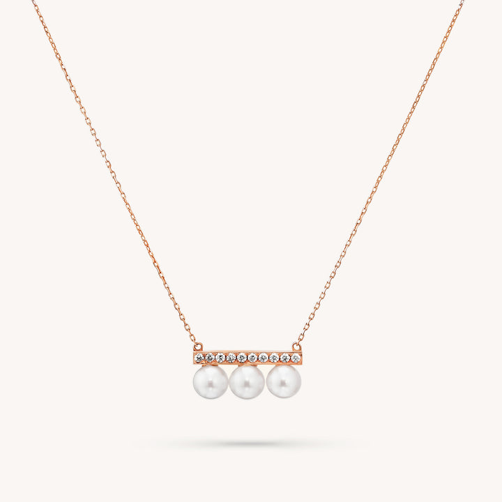 14K Solid Gold Diamond Pearl Bar Necklace – Elegant Lab Diamond Pendant