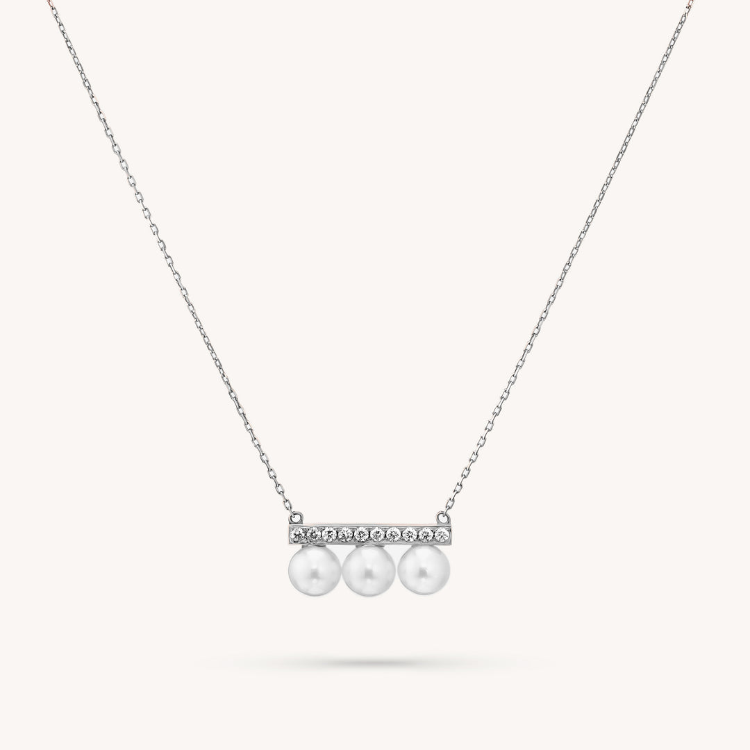 14K Solid Gold Diamond Pearl Bar Necklace – Elegant Lab Diamond Pendant