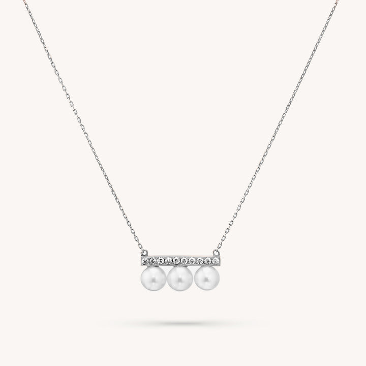 14K Solid Gold Diamond Pearl Bar Necklace – Elegant Lab Diamond Pendant