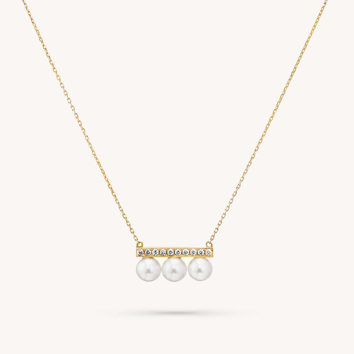 14K Solid Gold Diamond Pearl Bar Necklace – Elegant Lab Diamond Pendant
