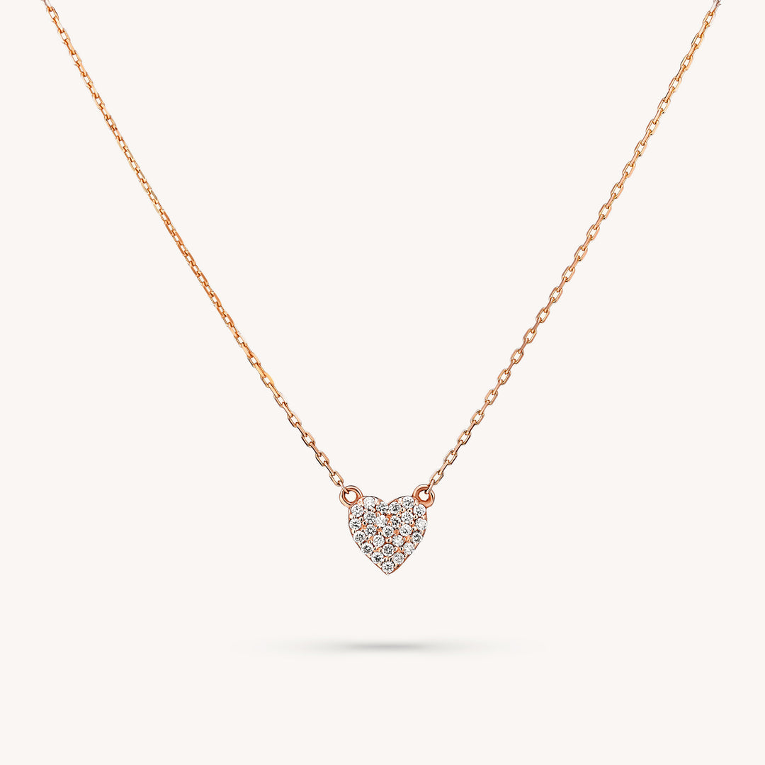 Small Diamond Heart Charm Necklace – 14K Solid Gold Pavé Love Pendant