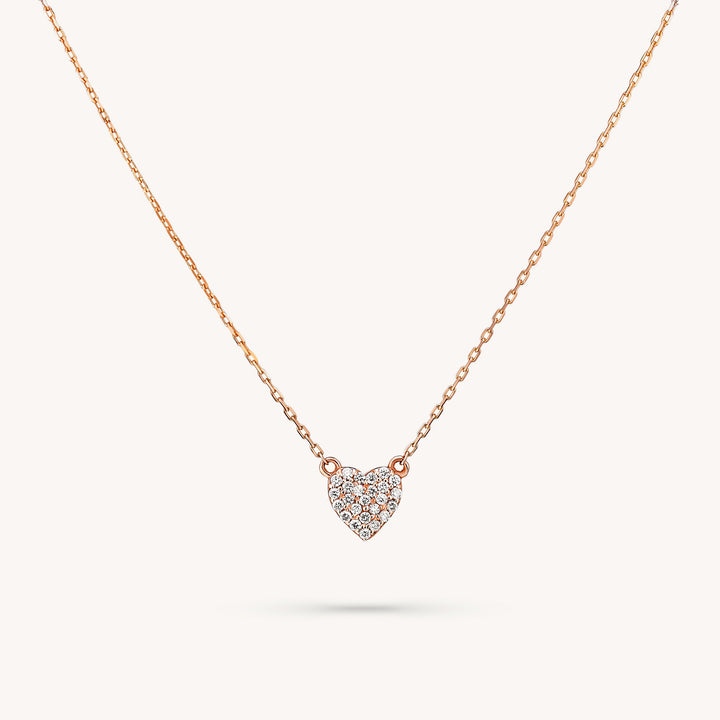 Small Diamond Heart Charm Necklace – 14K Solid Gold Pavé Love Pendant