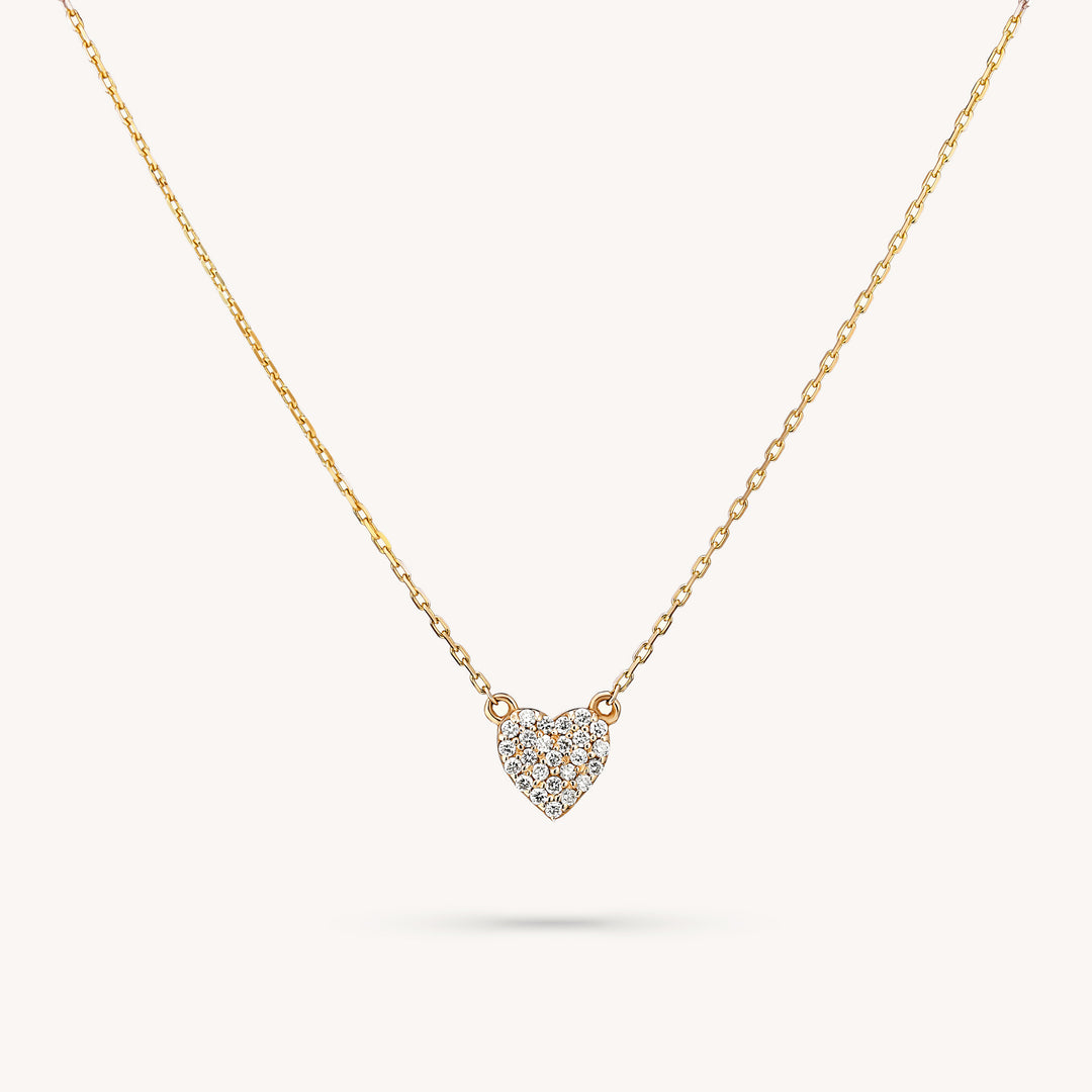 Small Diamond Heart Charm Necklace – 14K Solid Gold Pavé Love Pendant