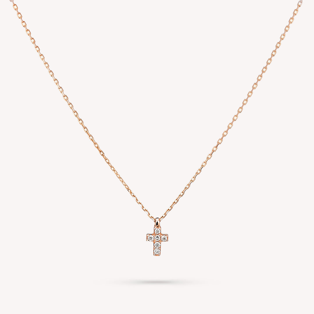 14K Gold Mini Tiny Cross Diamond Charm Necklace