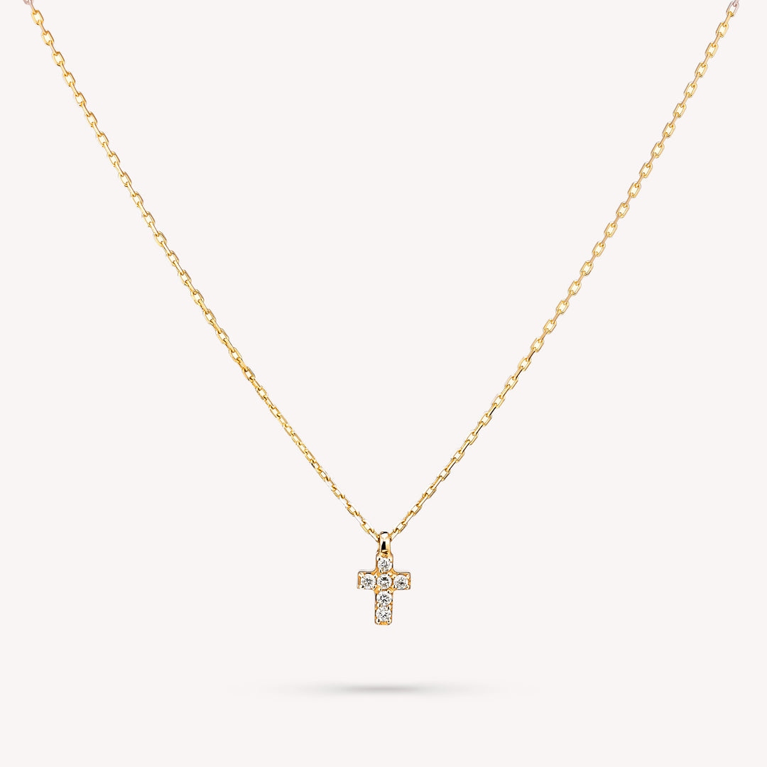 14K Gold Mini Tiny Cross Diamond Charm Necklace