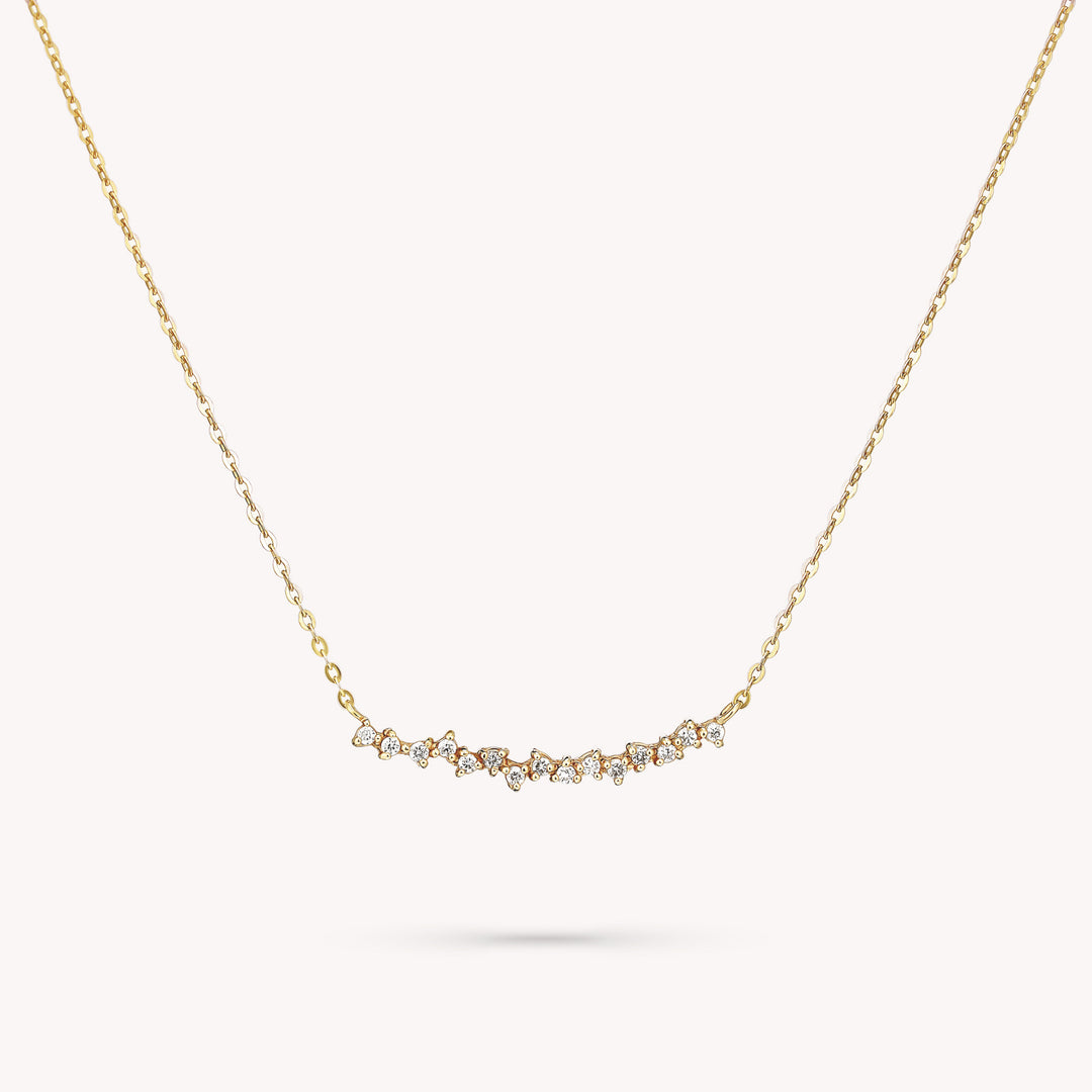 14K Gold Curved Cluster Diamond Necklace