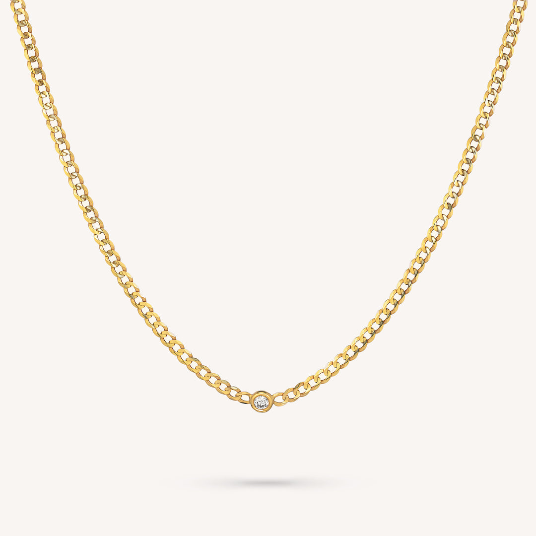 14K Gold Bezel Diamond Flat Cuban Chain Necklace – Minimalist Choker