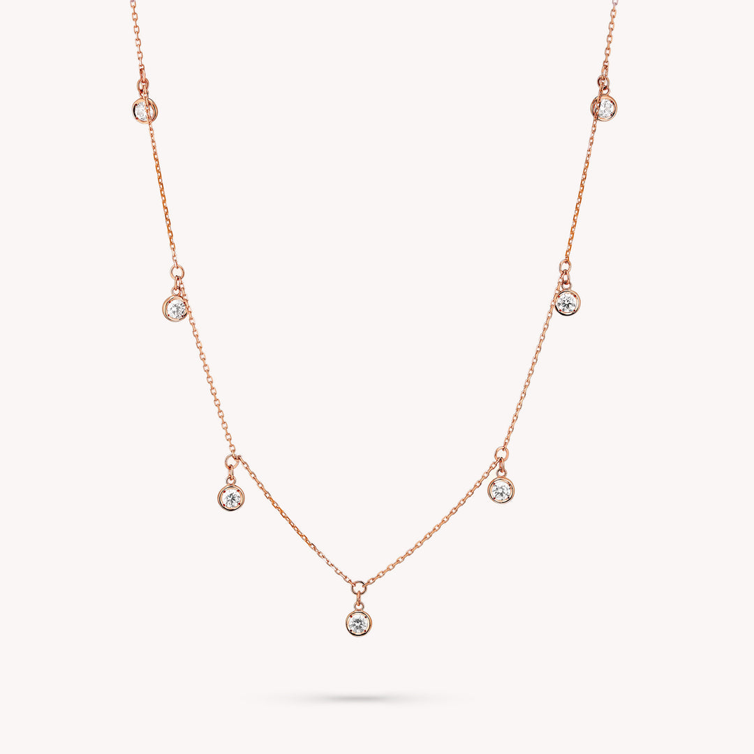 7 Diamond Bezel Dangling 14K Solid Gold Necklace / Multi Drop Diamond Necklace