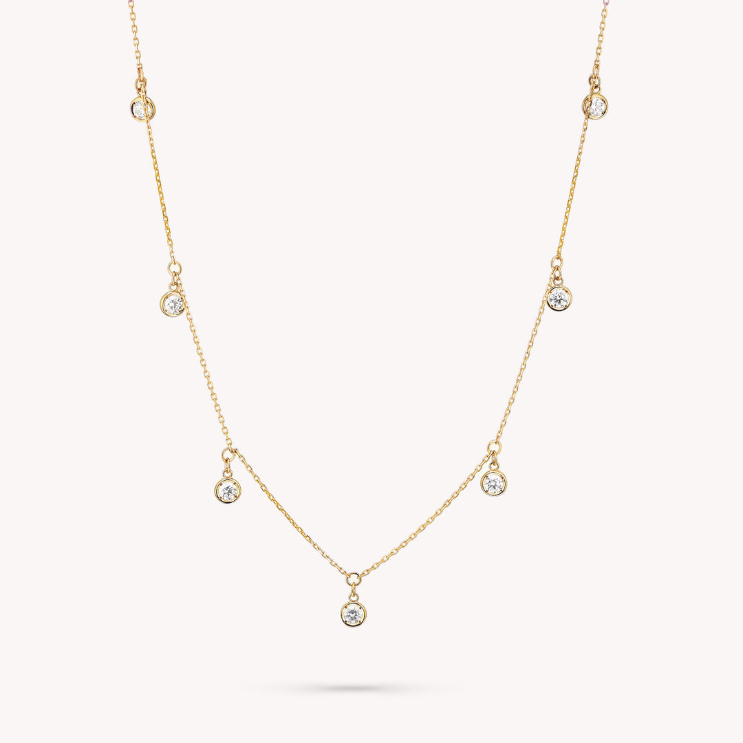 7 Diamond Bezel Dangling 14K Solid Gold Necklace / Multi Drop Diamond Necklace