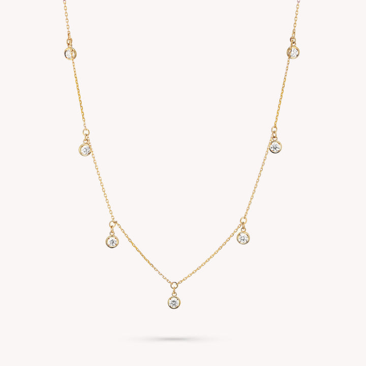 7 Diamond Bezel Dangling 14K Solid Gold Necklace / Multi Drop Diamond Necklace