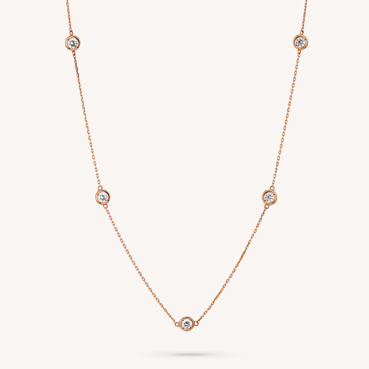 5 Stone Bezel Necklace, 14K 5 Diamond By the Yard Necklace 0.35 ct.