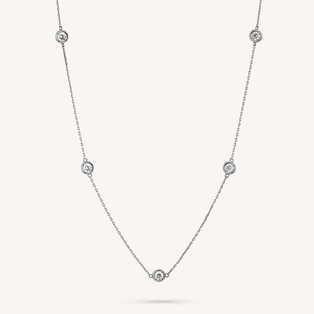 5 Stone Bezel Necklace, 14K 5 Diamond By the Yard Necklace 0.5 ct.