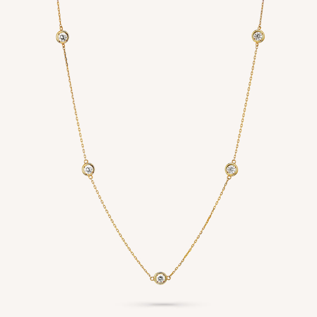 5 Stone Bezel Necklace, 14K 5 Diamond By the Yard Necklace 0.5 ct.