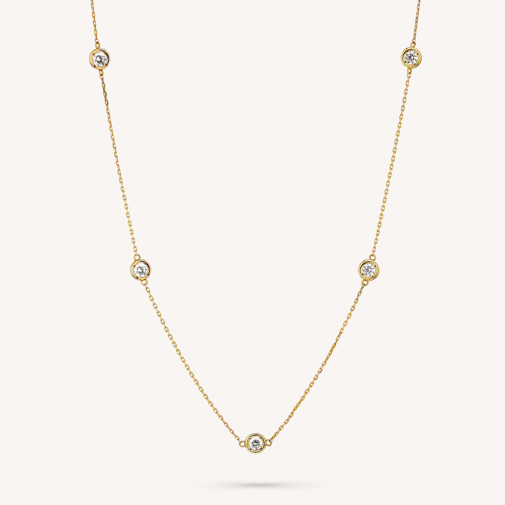 5 Stone Bezel Necklace, 14K 5 Diamond By the Yard Necklace 0.5 ct.