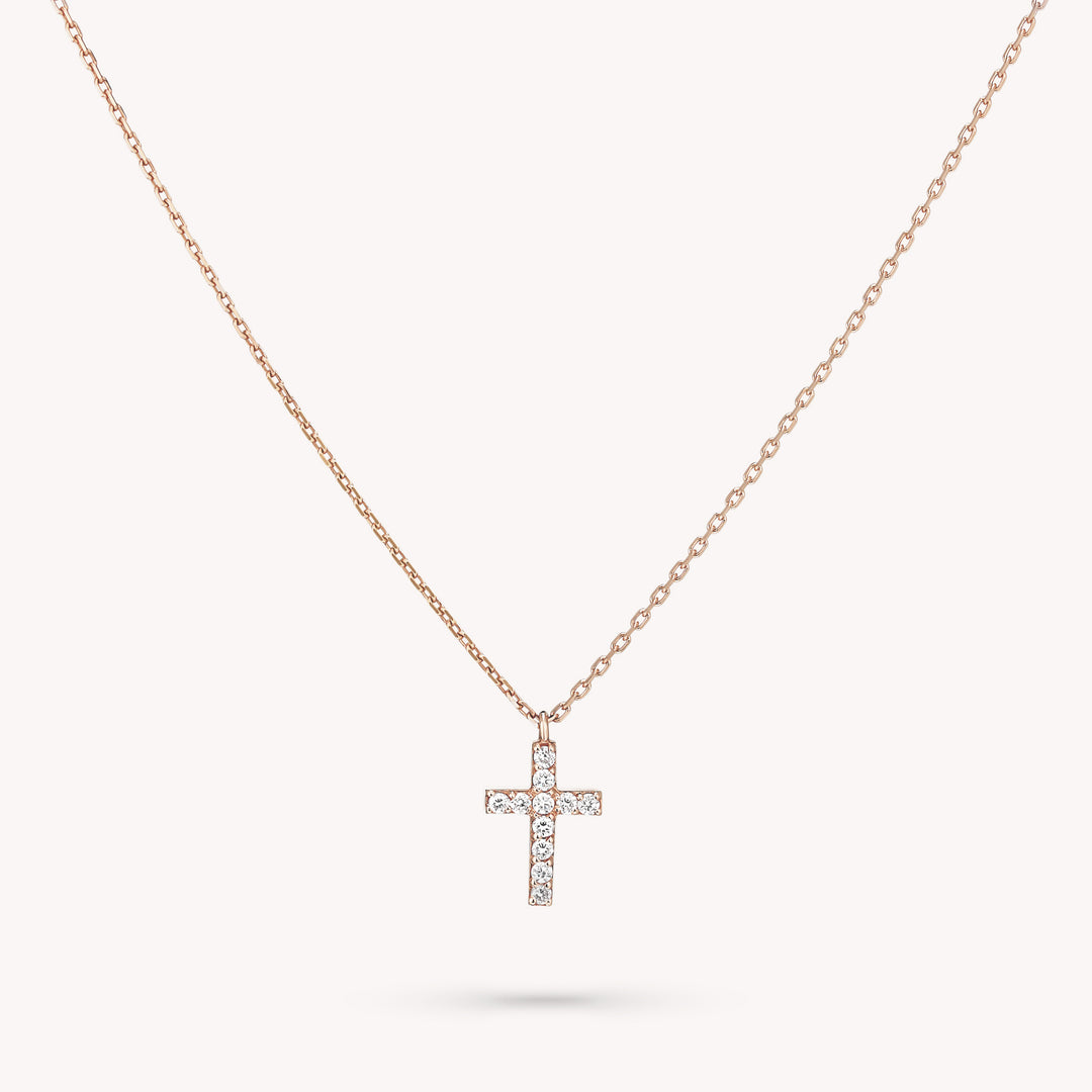 Small Diamond Cross 14K Solid Gold Dainty Cross Pendant Necklace