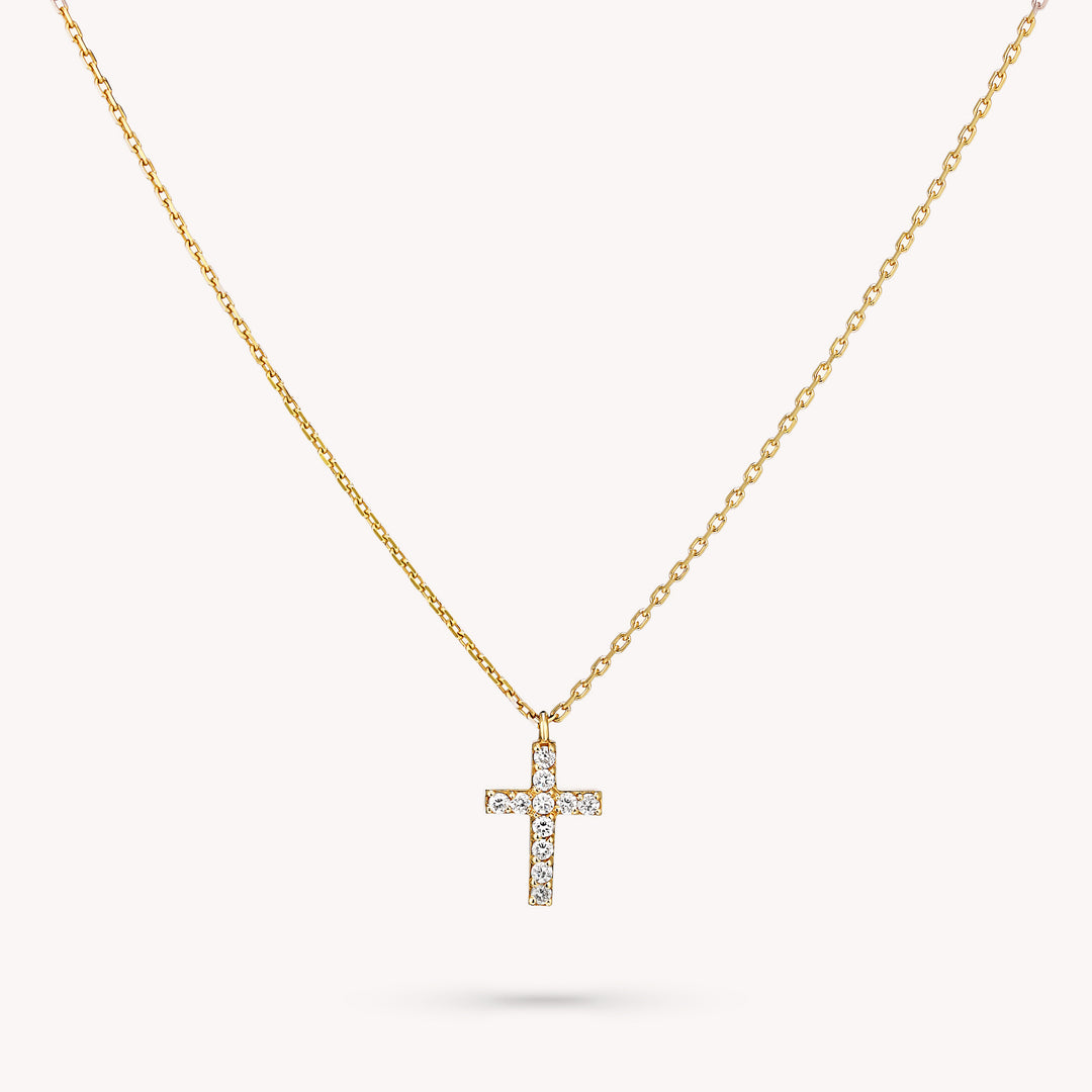 Small Diamond Cross 14K Solid Gold Dainty Cross Pendant Necklace