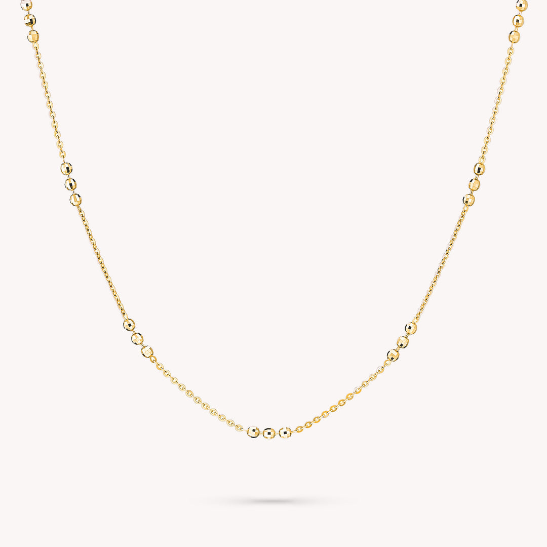 Tripled Beads Stations Diamond-Cut Disco Balls Chain 14K Solid Gold Necklace
