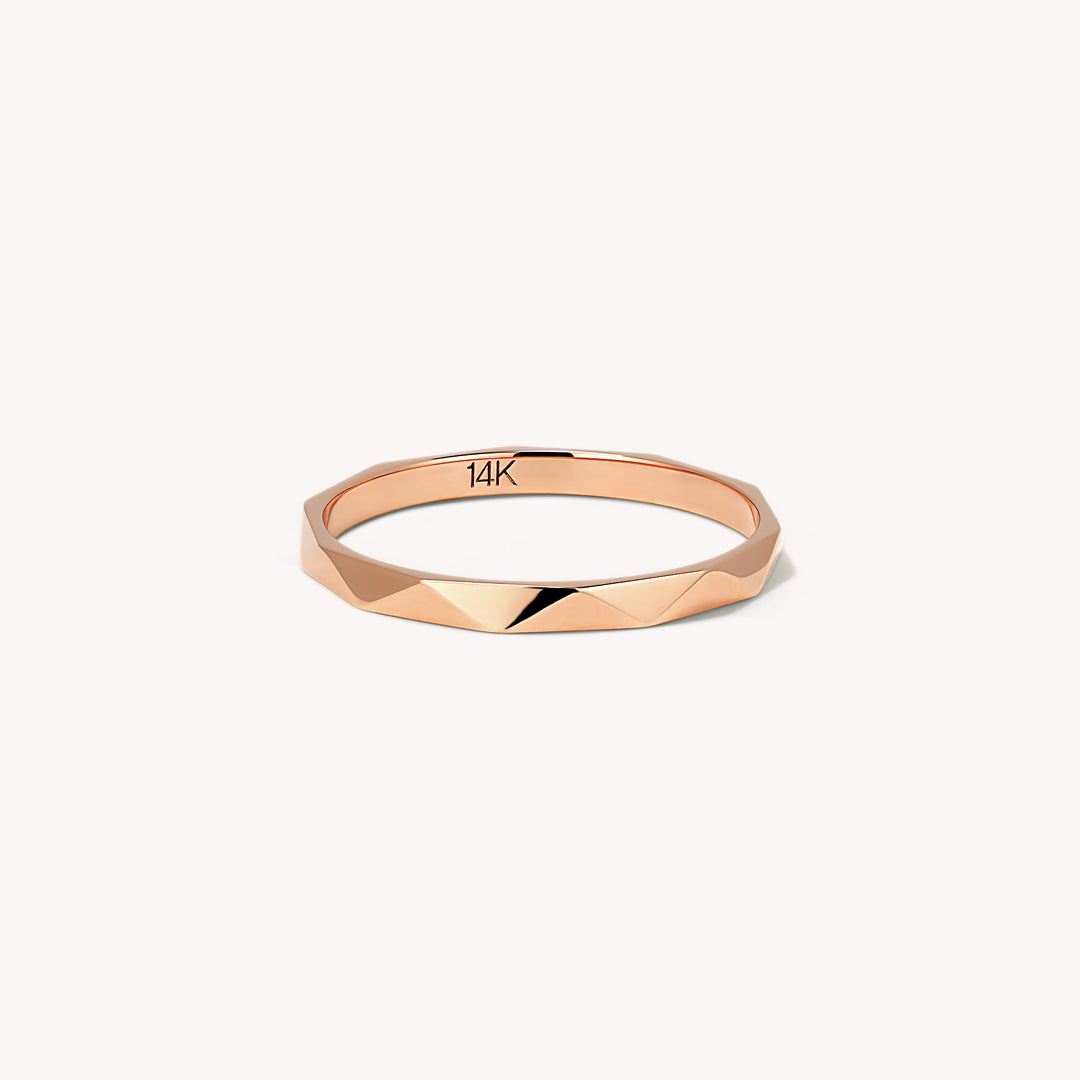 Vintage Patterned Band – Geometric Faceted Stackable 14K Solid Gold Ring