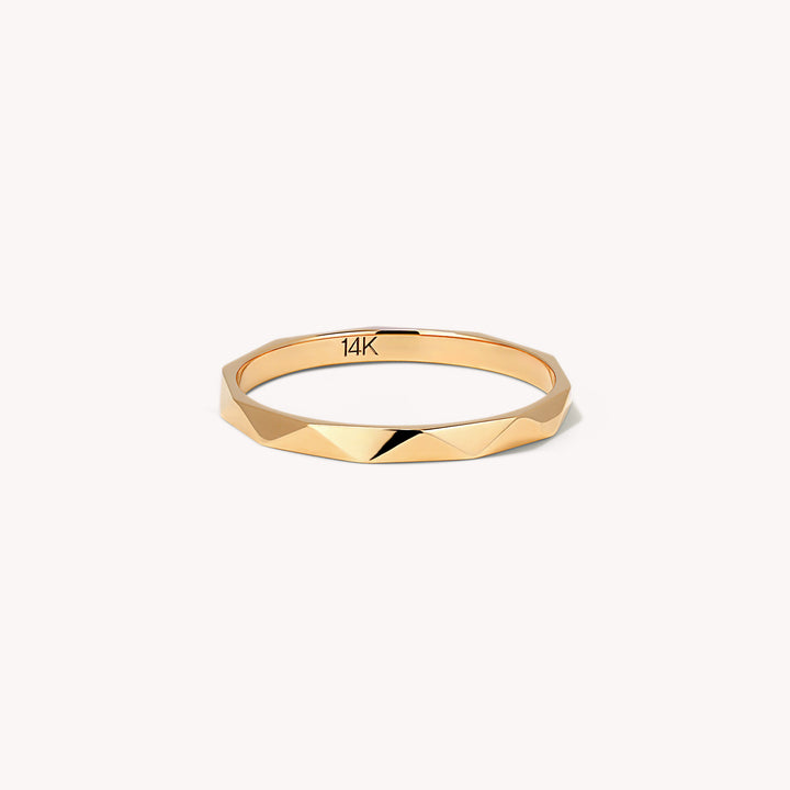 Vintage Patterned Band – Geometric Faceted Stackable 14K Solid Gold Ring