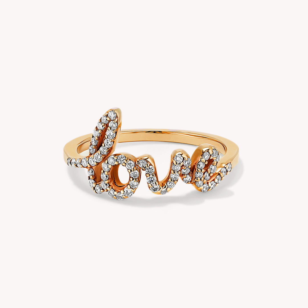 LOVE Diamond Script Letter Ring – 14K Solid Gold Script Band