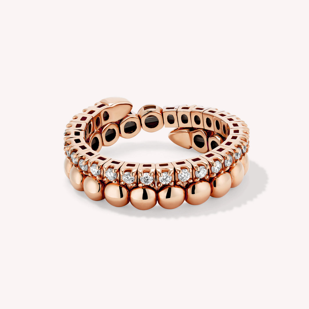 Spiral Double Band Ring with Beads & Diamonds 5mm – 14K Solid Gold Ball Sculptural RIng