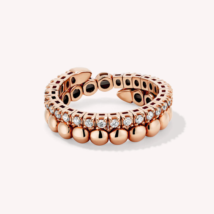 Spiral Double Band Ring with Beads & Diamonds 5mm – 14K Solid Gold Ball Sculptural RIng