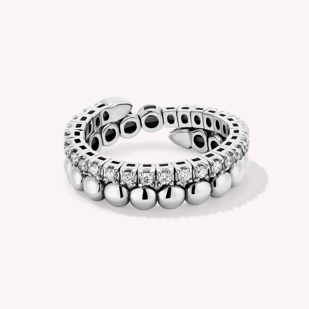 Spiral Double Band Ring with Beads & Diamonds 5mm – 14K Solid Gold Ball Sculptural RIng