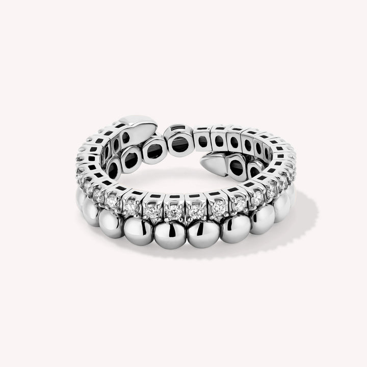 Spiral Double Band Ring with Beads & Diamonds 5mm – 14K Solid Gold Ball Sculptural RIng