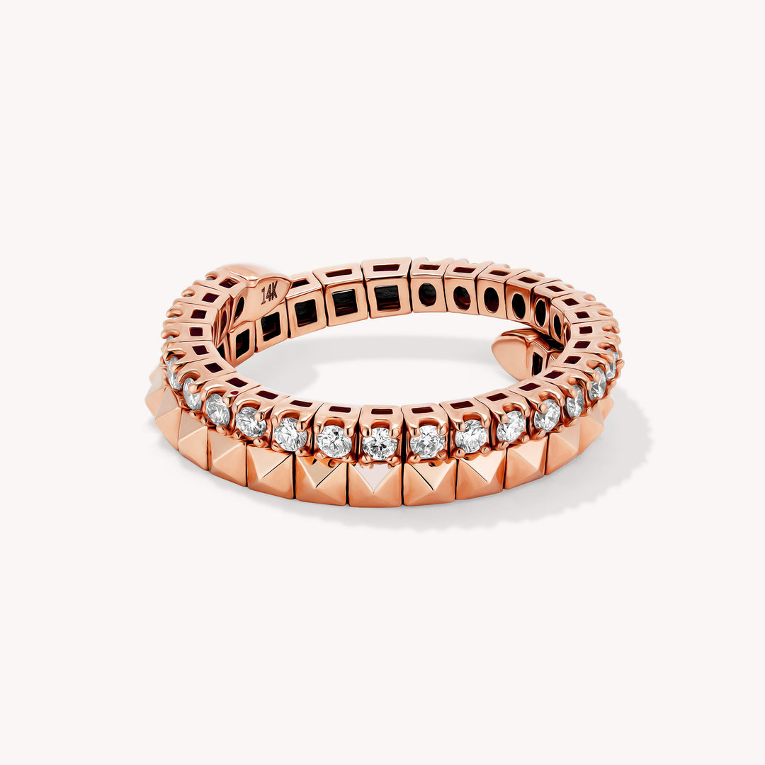 Spiral Double Band Ring with Pyramids & Diamonds 4.5mm – 14K Solid Gold Sculptural RIng