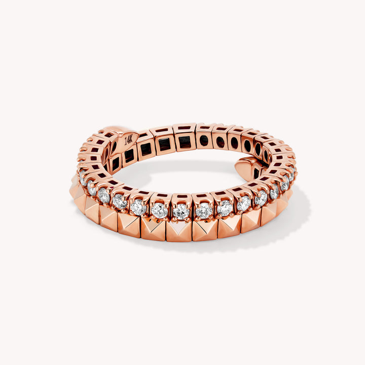 Spiral Double Band Ring with Pyramids & Diamonds 4.5mm – 14K Solid Gold Sculptural RIng