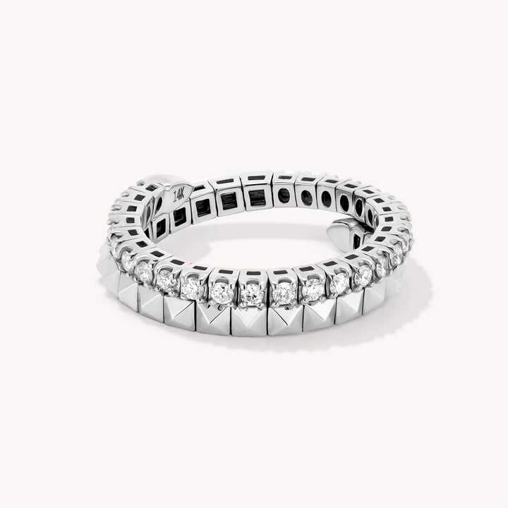 Spiral Double Band Ring with Pyramids & Diamonds 4.5mm – 14K Solid Gold Sculptural RIng
