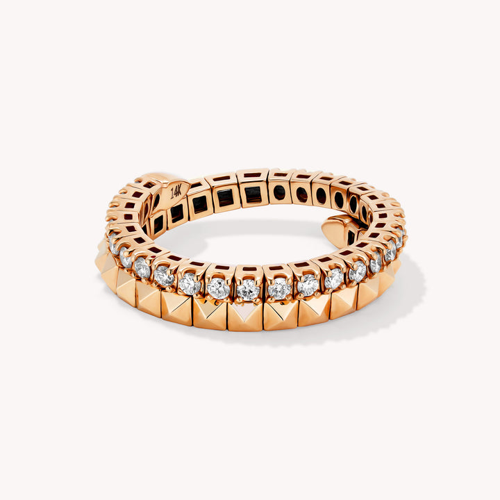 Spiral Double Band Ring with Pyramids & Diamonds 4.5mm – 14K Solid Gold Sculptural RIng
