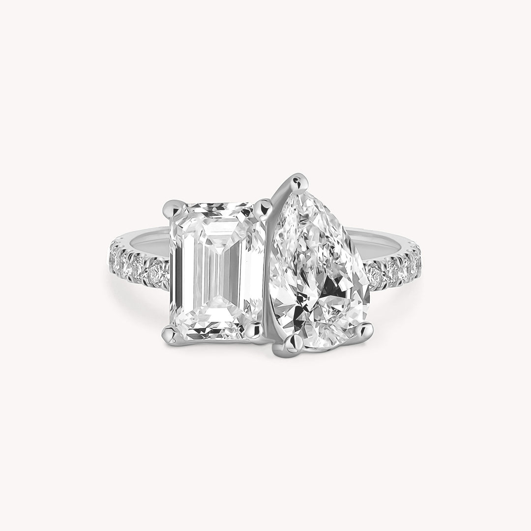 Toi et Moi Engagement Ring – 2ct Emerald & 1.5ct Pear Cut in 14K Solid Gold