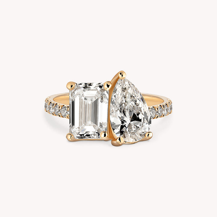 Toi et Moi Engagement Ring – 2ct Emerald & 1.5ct Pear Cut in 14K Solid Gold