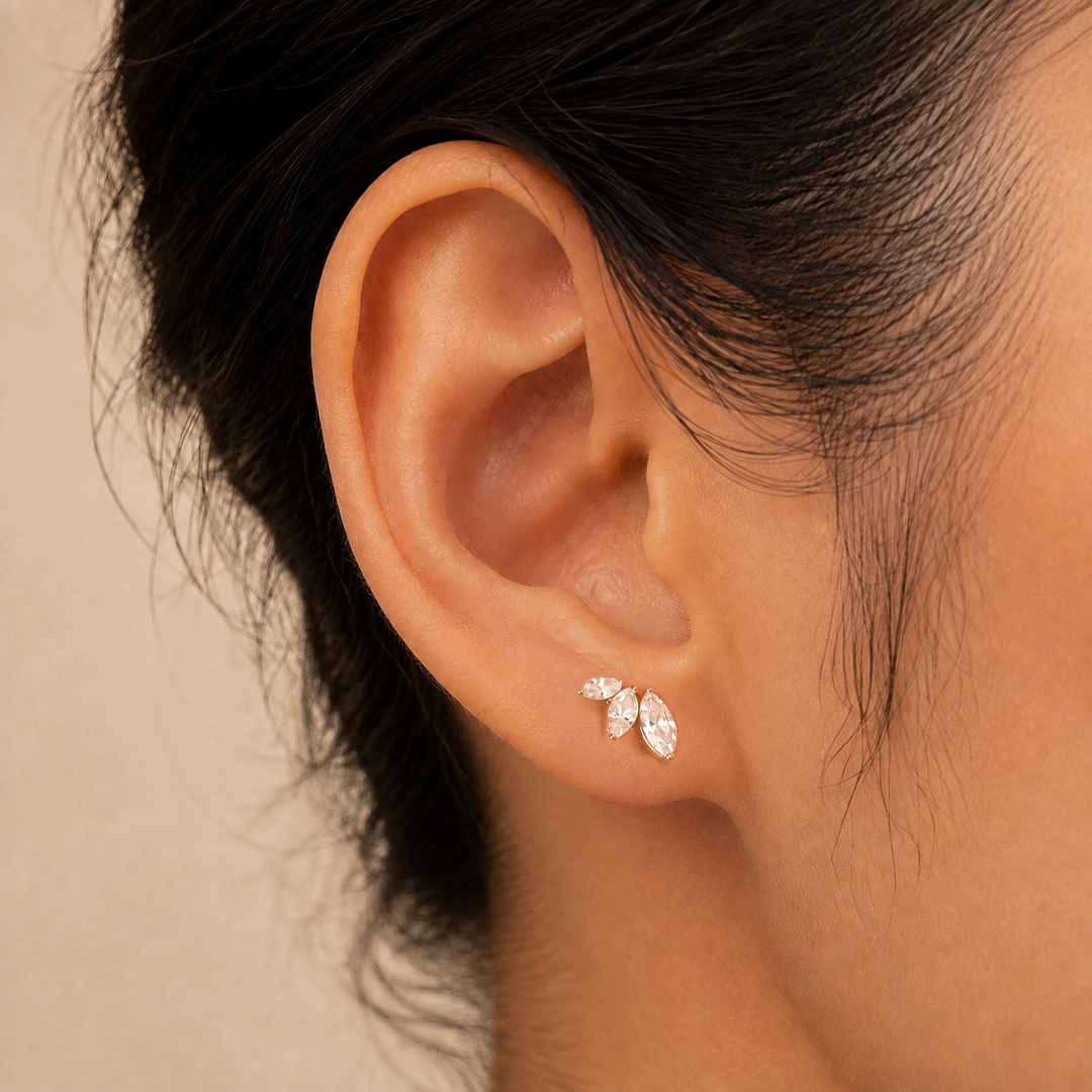 Graduated Triple Marquise Lab Diamond Stud 14K Solid Gold – Single or Pair