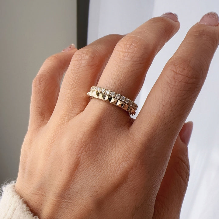 Spiral Double Band Ring with Pyramids & Diamonds 4.5mm – 14K Solid Gold Sculptural RIng