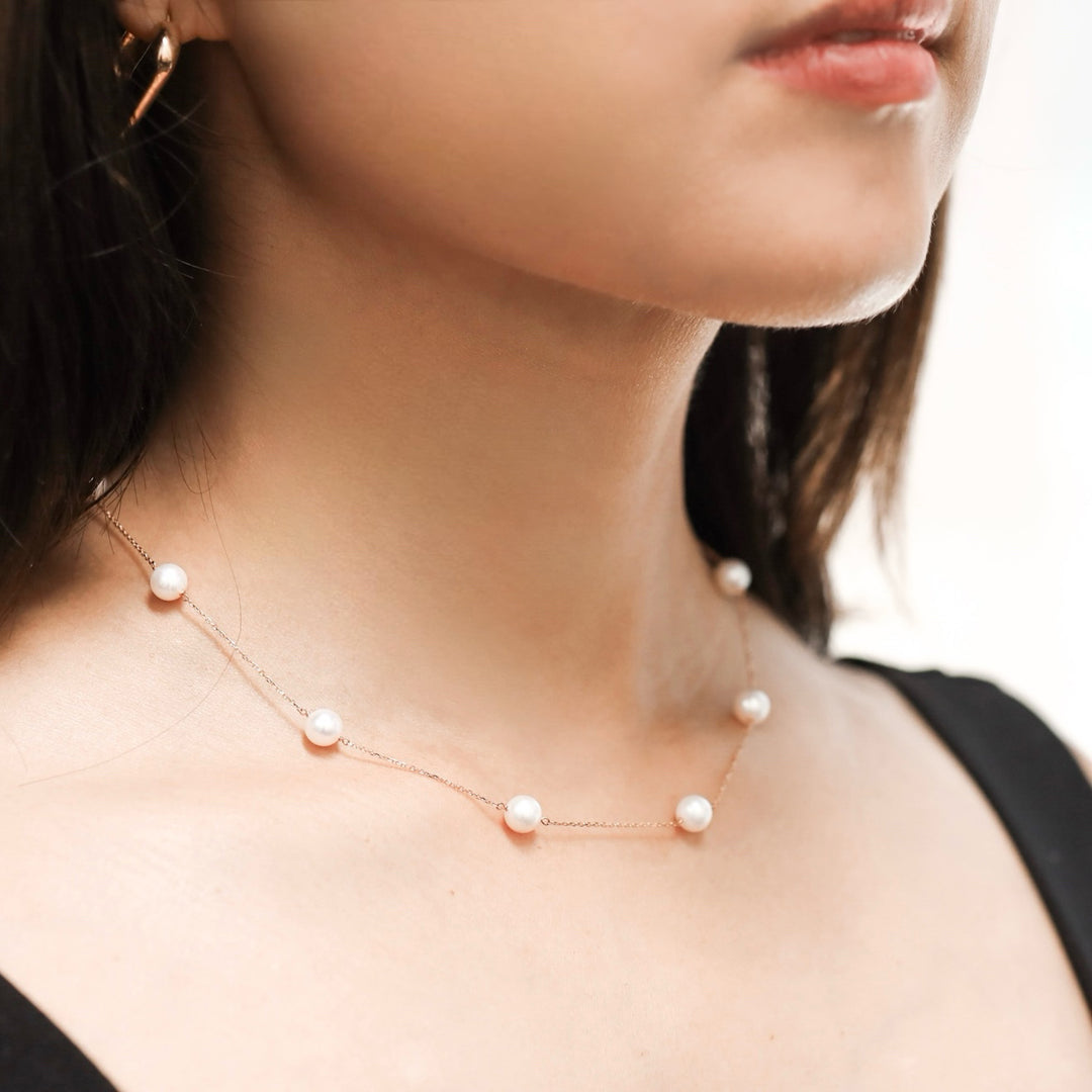 White Freshwater Pearl Station Necklace - Large (6.5mm - 10 Pearls)