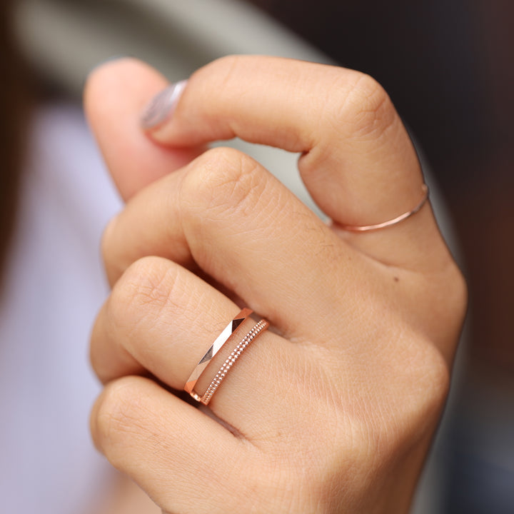 Stacking Ring Trio – Dual-Band, Beaded & Geometric 14K Solid Gold Ring