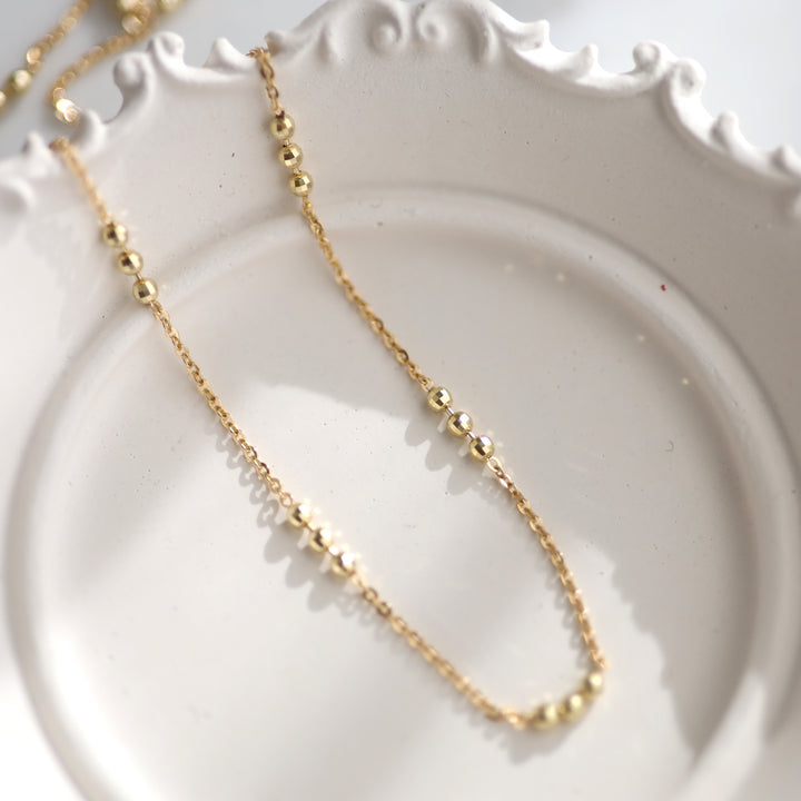 Tripled Beads Stations Diamond-Cut Disco Balls Chain 14K Solid Gold Necklace