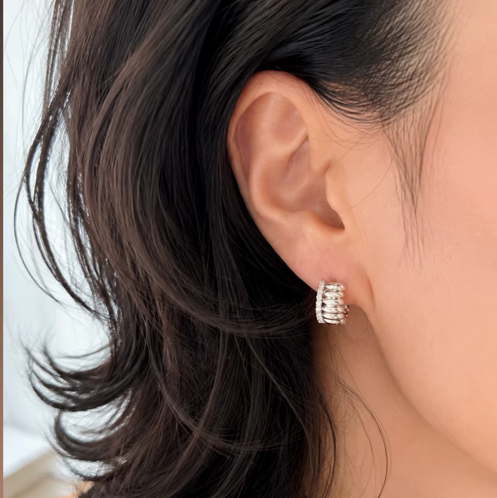 Fluted Ribbed Textured Hoop Earrings with 1.5mm Diamond Band