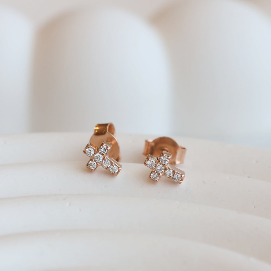 Tiny Diamond Cross Stud Earrings – 14K Solid Gold Faith Earrings