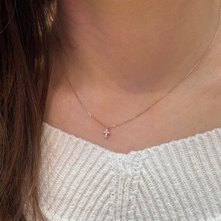 14K Gold Mini Tiny Cross Diamond Charm Necklace