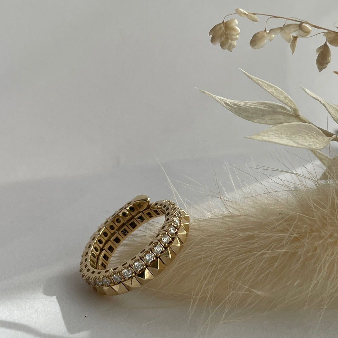 Spiral Double Band Ring with Pyramids & Diamonds 4.5mm – 14K Solid Gold Sculptural RIng