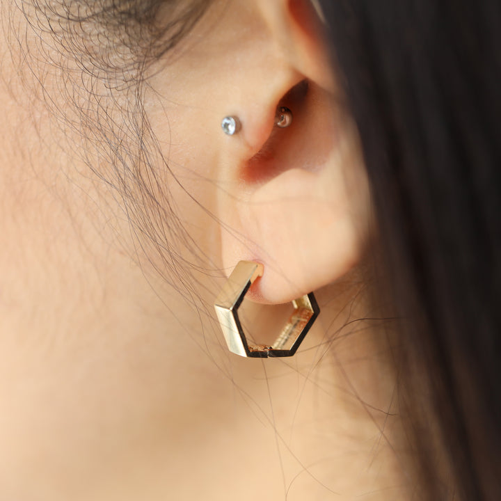 Pentagon-Shaped Huggie Hoop Earrings 14K Yellow Gold