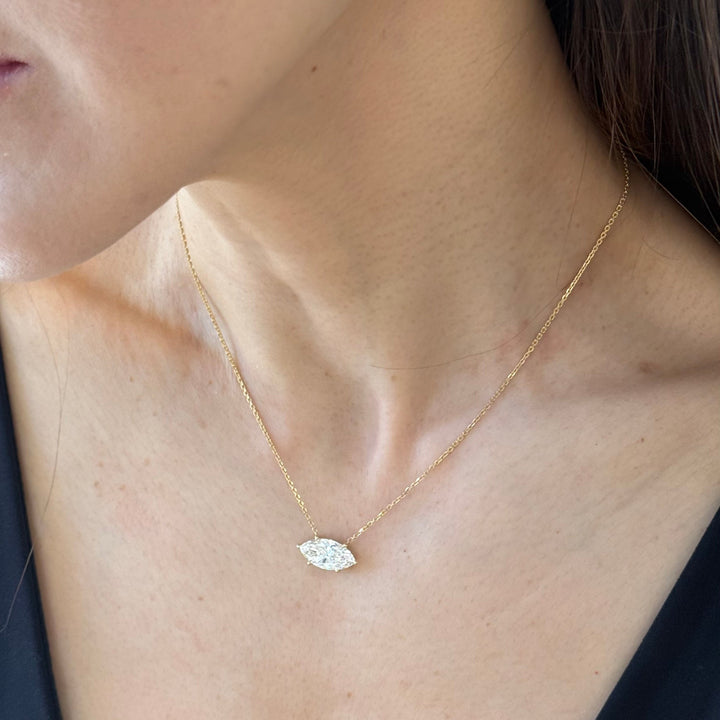 Lab Grown Marquise Cut Diamond Solitaire Necklace on 14K Solid Gold Chain (1 ct. - 3 ct.)
