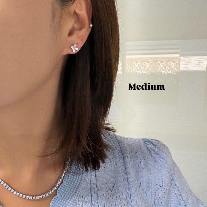 Marquise Cut 4 Diamonds Petal Flower 14K Solid Gold Earrings Studs - Medium / Large