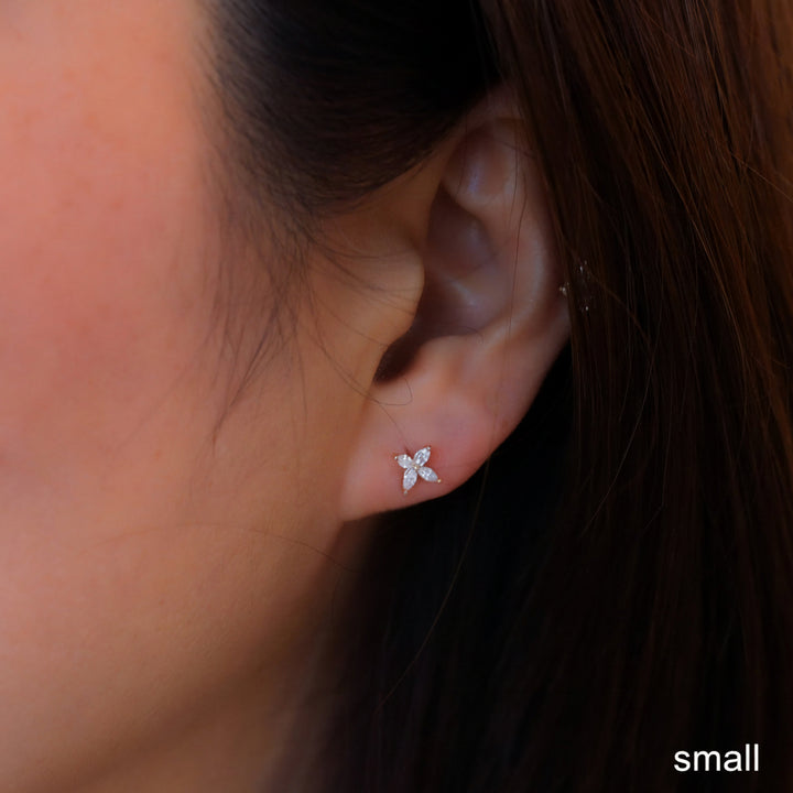 Marquise Cut 4 Diamonds Petal Flower 14K Solid Gold Earrings Studs - Small
